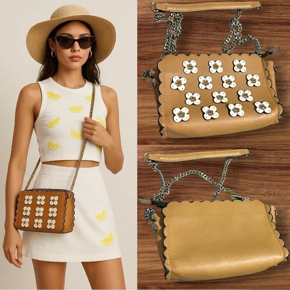 257 Zara | EUC Tan Floral Applique Crossbody Bag (9”x6”x2,5”)